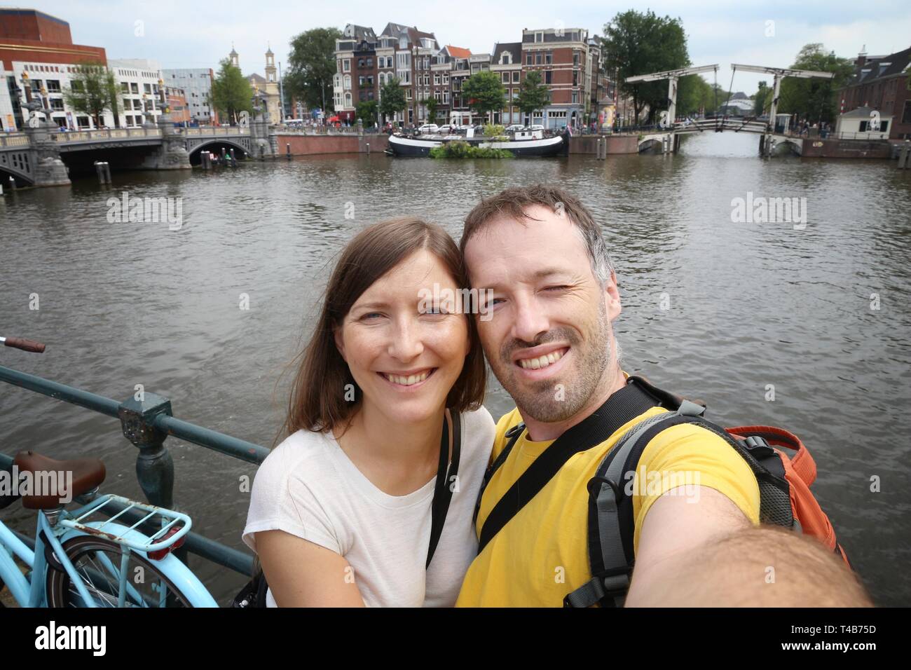 Amsterdam tourist selfie - weekend city break in the Netherlands. Stock Photo
