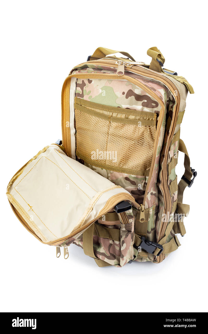 tourist backpack for travel on a white background. khaki backpack with