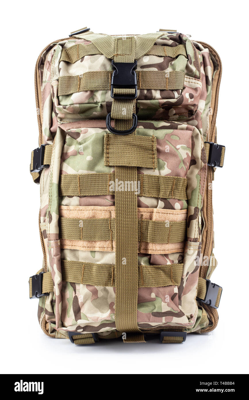 tourist backpack for travel on a white background. khaki backpack with