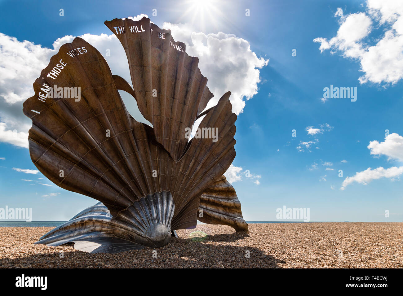 The Scallop sculpture on Aldeburgh beach Suffolk UK by Maggi Hamblin dedicated to composer Benjamin Britten Stock Photo