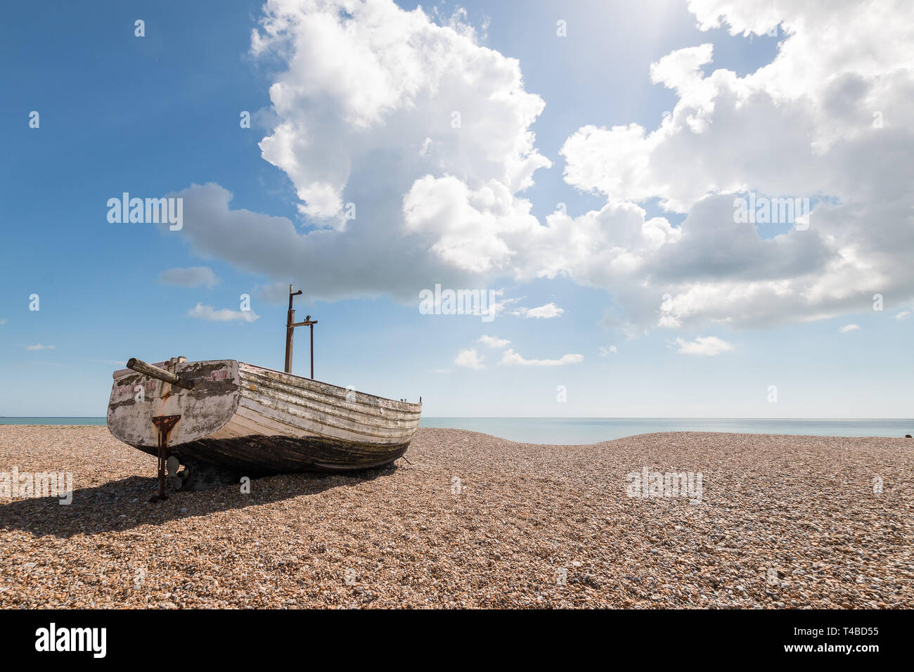 Fishing Boat on Aldeburgh Beach Suffolk East Anglia UK on a very sunny day Stock Photo