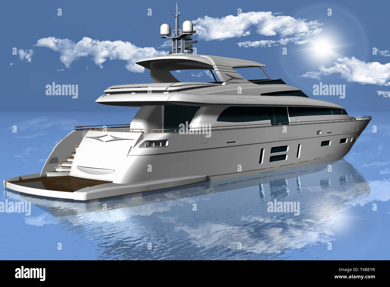3D illustration. Yacht in the sea with the background of sky, clouds and sun. Stock Photo