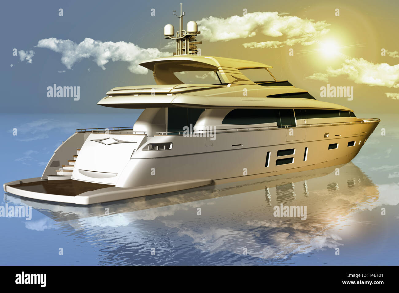 3D illustration. Yacht in the sea with the background of sky, clouds and sun. Stock Photo