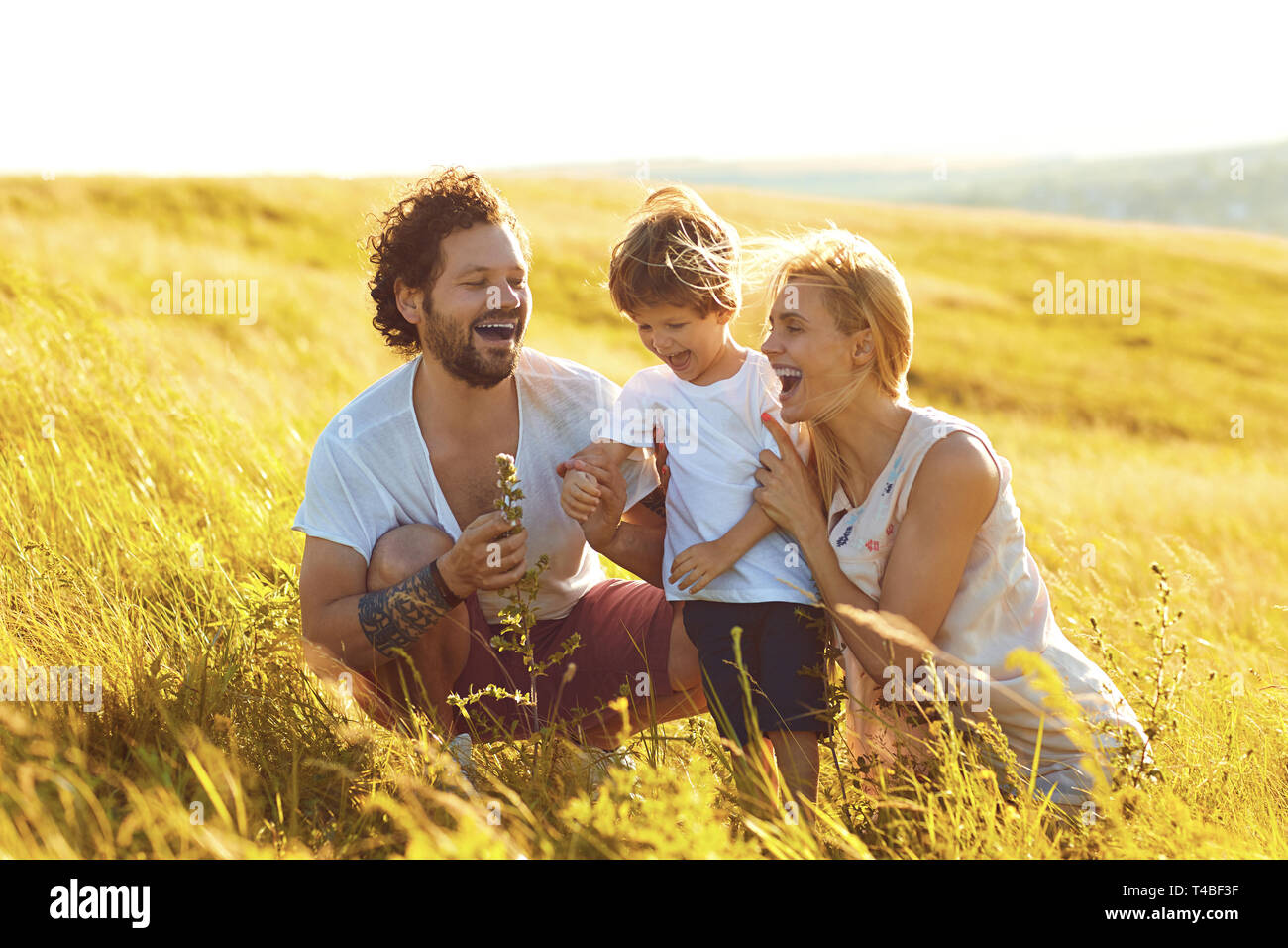 Happy family having fun playing in the field Stock Photo - Alamy