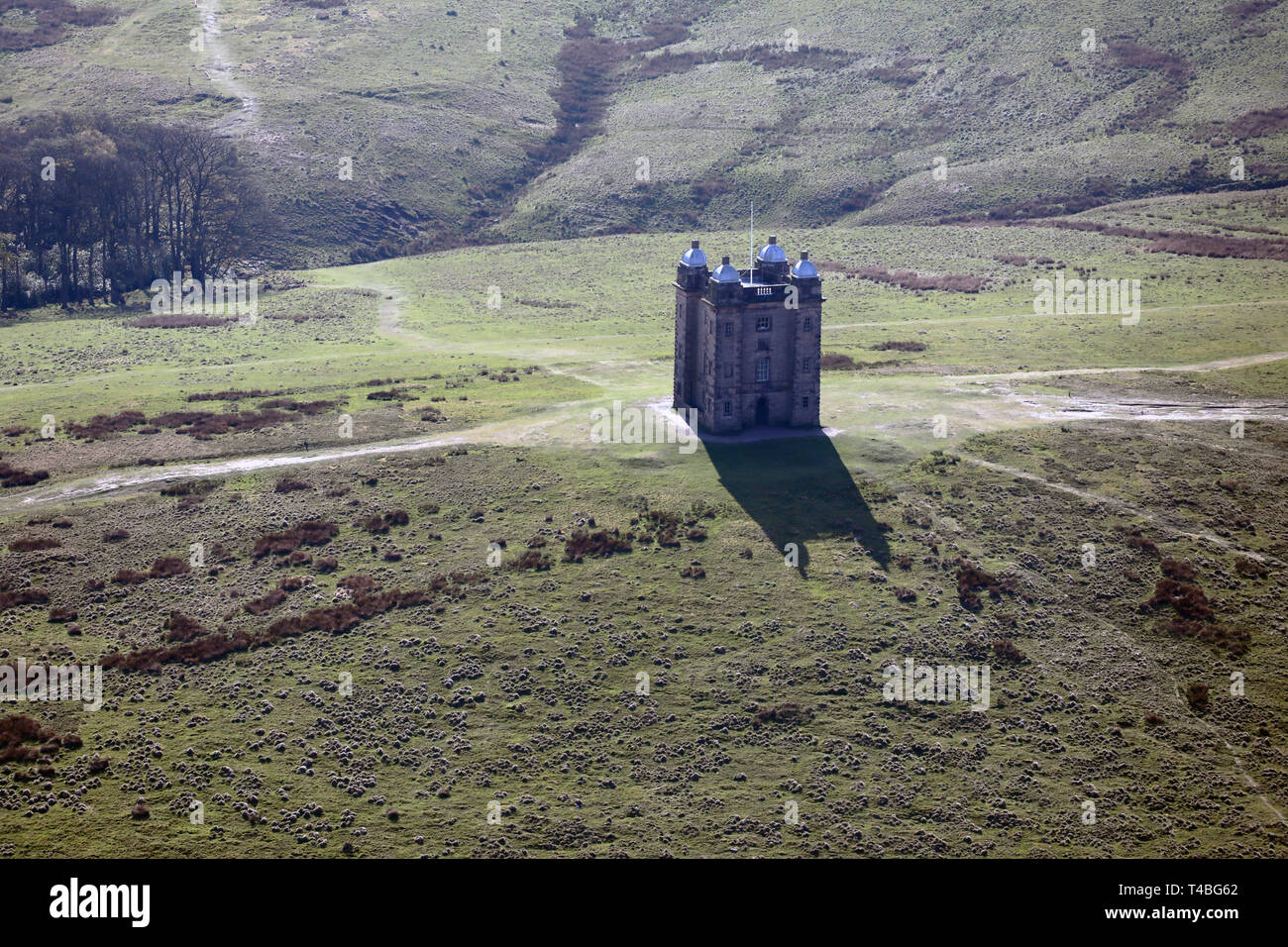 aerial view of The Cage, a 16th century hunting lodge tower and possibly a folly,near Lyme Hall in Cheshire Stock Photo