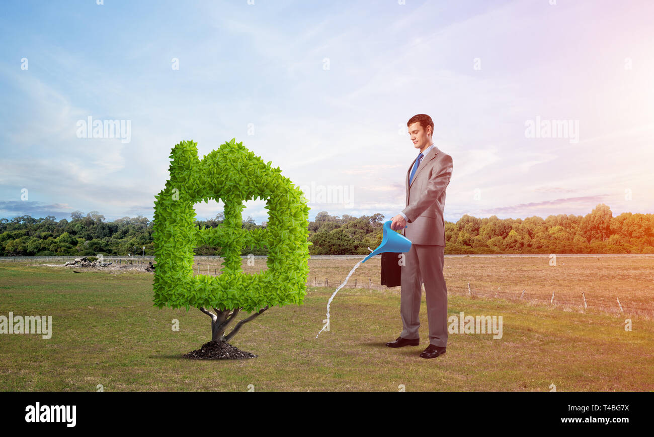 Businessman watering green plant in shape of house in field. Business growth and development. Nature landscape with dry soil and blue sky. Green and e Stock Photo