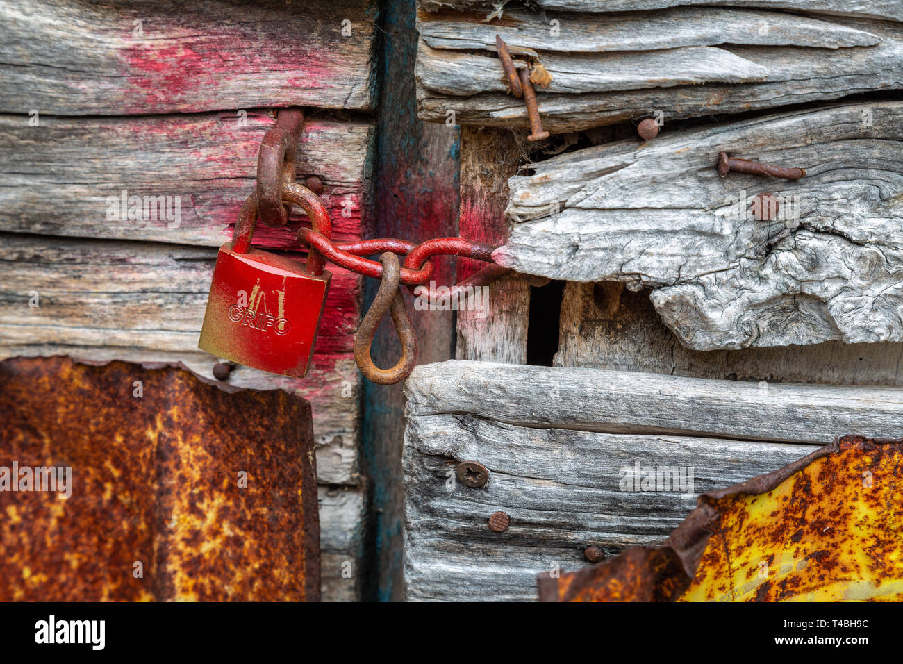 cellar door with padlock, Abruzzo Stock Photo