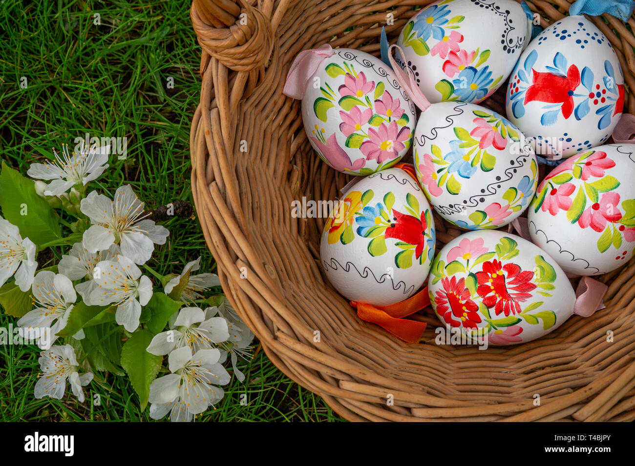 Close up of colorful decorted hand painted Easter eggs in a basket on grass with cherry bossum Stock Photo