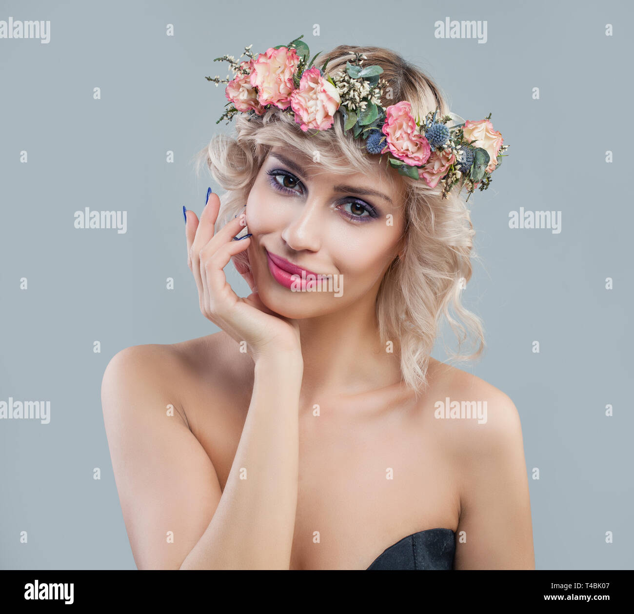 Spring Portrait Of Cheerful Woman In Flowers Crown Beautiful