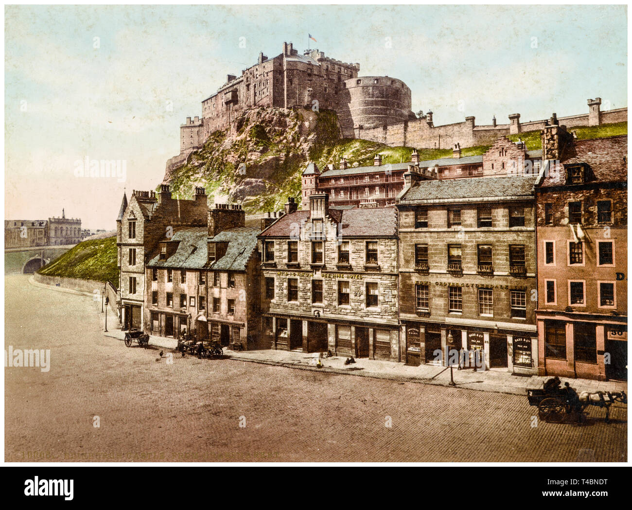 Edinburgh Castle, from Grassmarket, hand coloured vintage photograph, c.1890-1906 Stock Photo