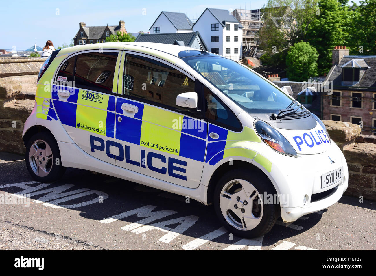 Scottish police eco-friendly, electric panda car, Castle Hill, Inverness, Highland, Scotland, United Kingdom Stock Photo