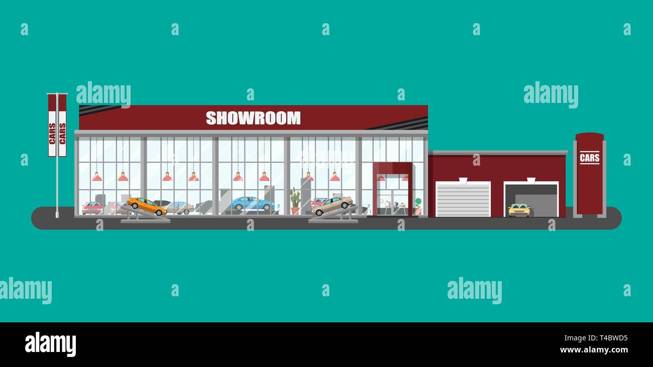Exhibition pavilion, showroom or dealership. Car showroom building. Car