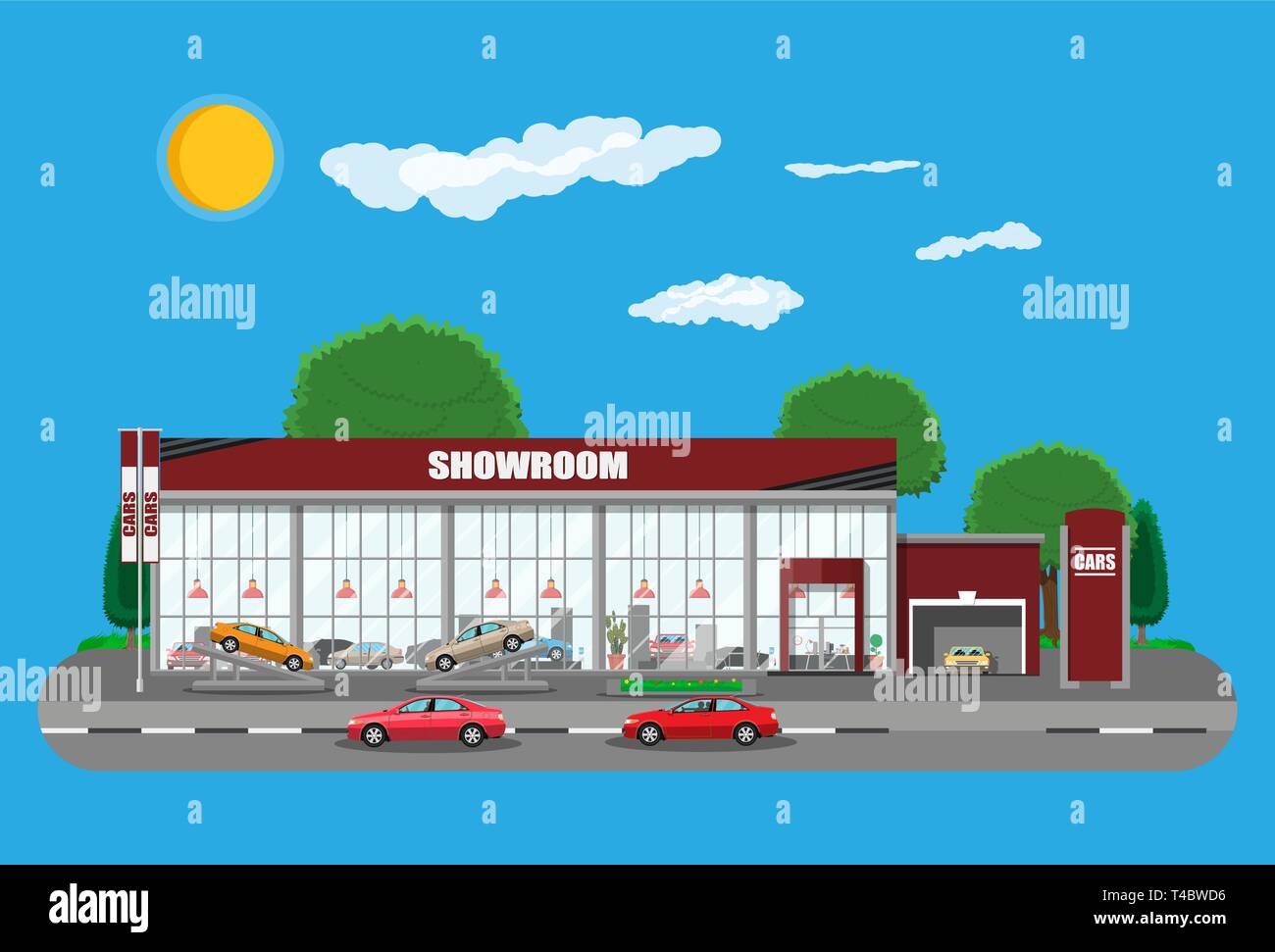 Exhibition pavilion, showroom or dealership. Car showroom building. Car