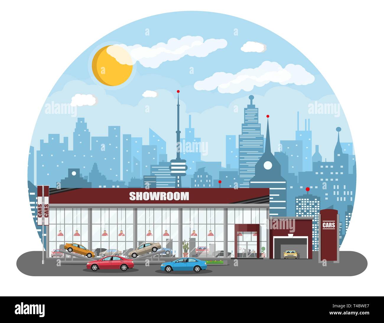 Exhibition pavilion, showroom or dealership. Car showroom building. Car