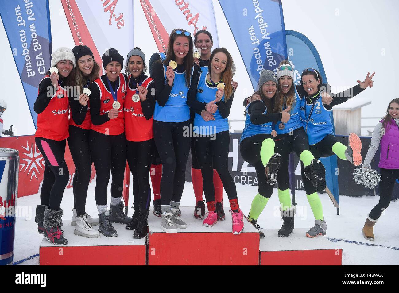 Feminine winning team seen during the CEV Snow Volleyball European Tour 2019. Stock Photo