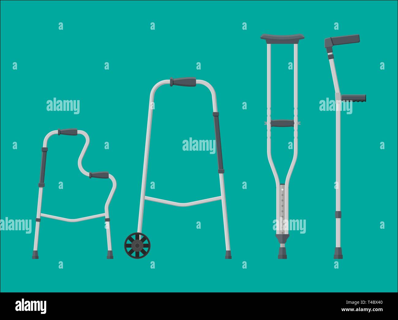 Set of mobility aids. Walker, crutches, quad cane, forearm crutches. Goods for disabled people. Healthcare, hospital and medical diagnostics. Vector i Stock Vector