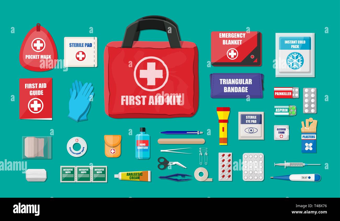 First aid kit with medical equipment and medications. Cloth bag for medicine. Healthcare