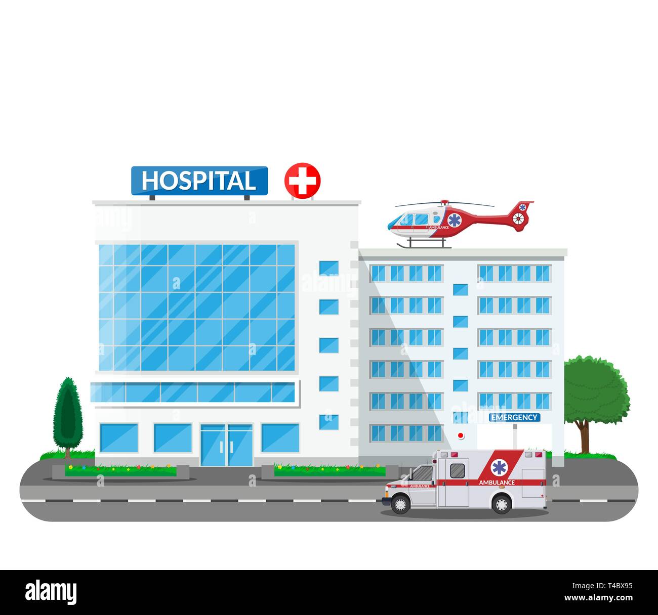 Hospital building, medical icon. Healthcare, hospital and medical diagnostics. Urgency and emergency services. Road, tree. Car and helicopter. Vector  Stock Vector