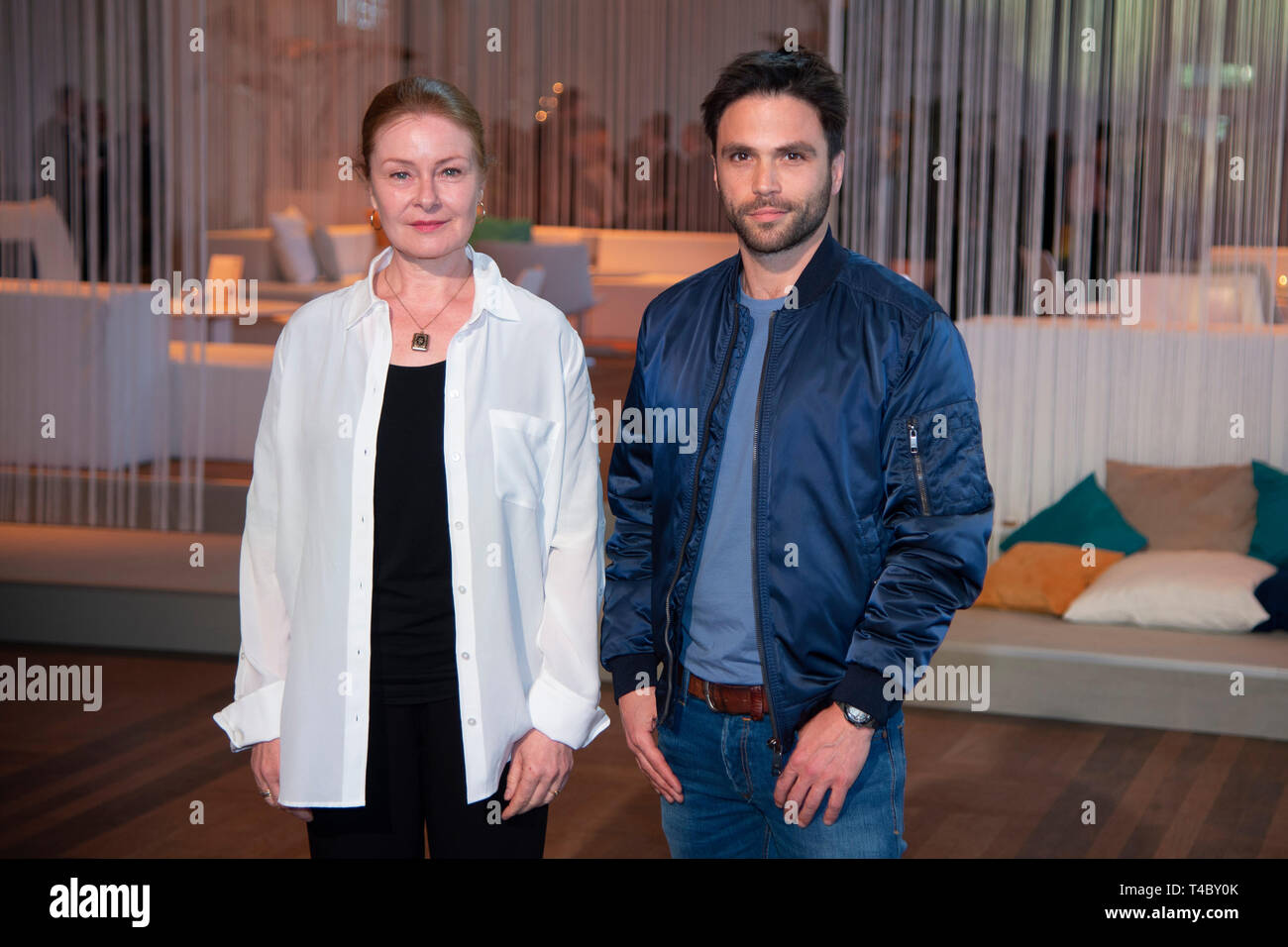 from left: Lina WENDEL, actress, plays the Anne Marie Fuchs in the ARD/WDR crime series "Die Fuechsin" actor Karim CHERIF plays the Youssef el Kilali in the ARD/WDR crime series "Die Fuechsin" WDR Treff in Cologne on 11.04.2019, | usage worldwide Stock Photo