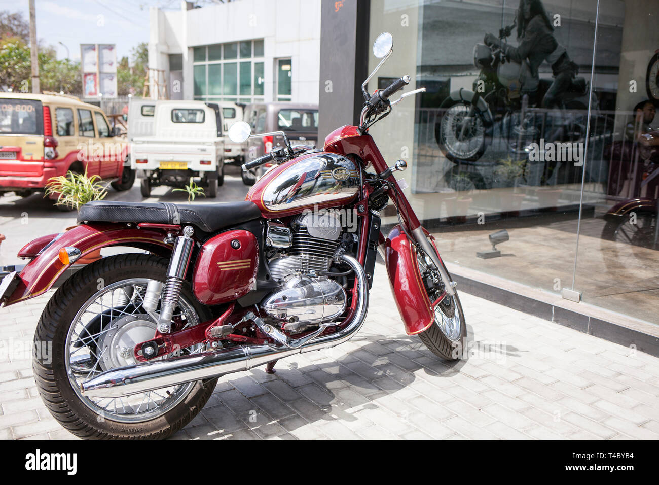 Jawa showroom in Jaipur, India on March 17, 2019. Java was founded in 1929  in former Czechoslovakia and quickly became a legendary motorbike exported  worldwide. Jawa Moto s.r.o. has headquarters in Tynec