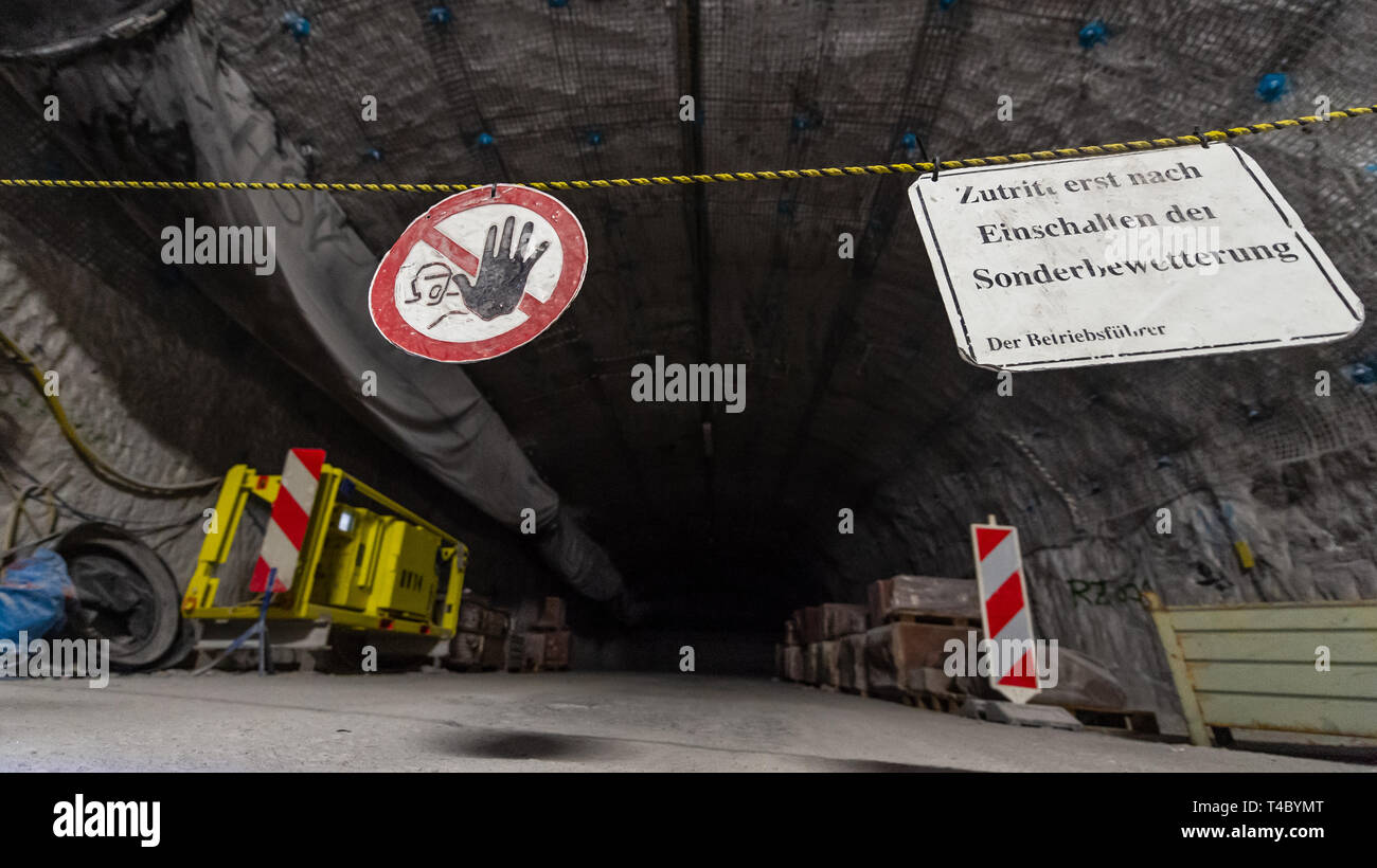 Gorleben, Germany. 15th Apr, 2019. Information signs hang underground in the former exploratory mine. After decades of dispute over a repository for highly radioactive nuclear waste in Gorleben, the exploration area of the mine has been almost completely dismantled. During a symbolic final inspection of the salt dome it was now shown what the so-called open-keeping operation looks like. Credit: Philipp Schulze/dpa/Alamy Live News Stock Photo