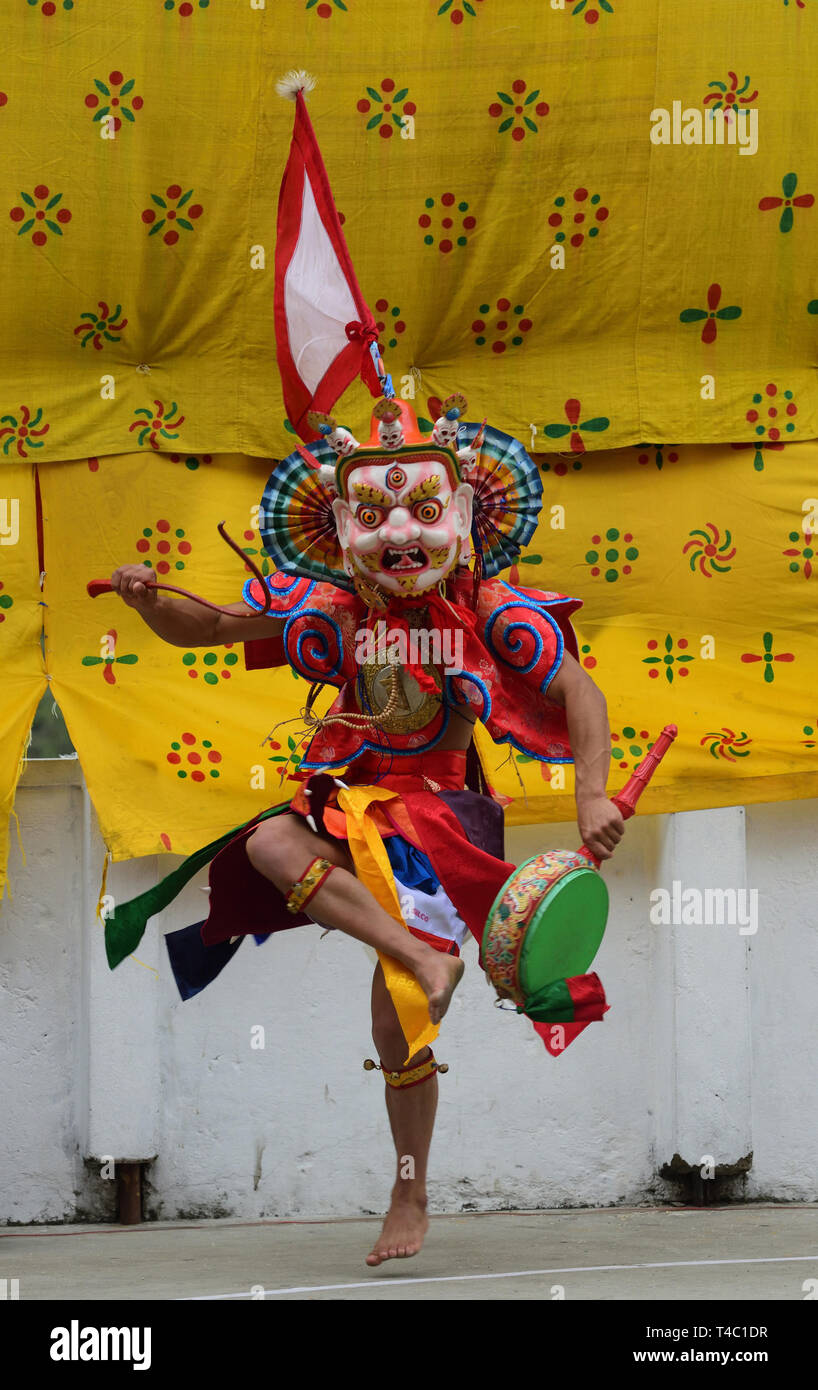 April 14, 2019 - Dali, Darjeeling, West Bengal, India - Tshechu an annual religious Buddhist festival celebrated by the Drukpa Lineage of the Kagyu school of Tibetan Buddhism on tenth day of a month of the Tibetan lunar calendar corresponding to the birthday of Guru Rimpoche (Guru Padmasambhava) was held at Druk Sang-Ngag Choling Monastery in Dali, Darjeeling on 14/04/2019. However the exact month of the Tshechu varies from place to place and Monastery to Monastery. Tshechus are grand events where entire communities come together to witness Cham (mask dances) Performance of Eight Manifestation Stock Photo
