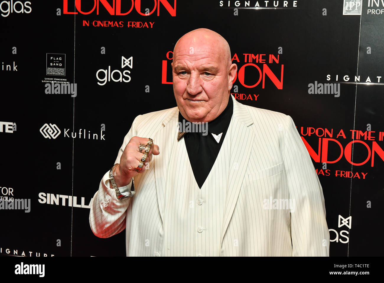 London, UK. 15th Apr, 2019. Dave Courtney arrives at Once Upon a Time in London - London premiere of the rise and fall of a nationwide criminal empire that paved the way for notorious London gangsters the Kray Twins and the Richardsons at The Troxy 490 Commercial Road, on 15 April 2019, London, UK. Credit: Picture Capital/Alamy Live News Stock Photo