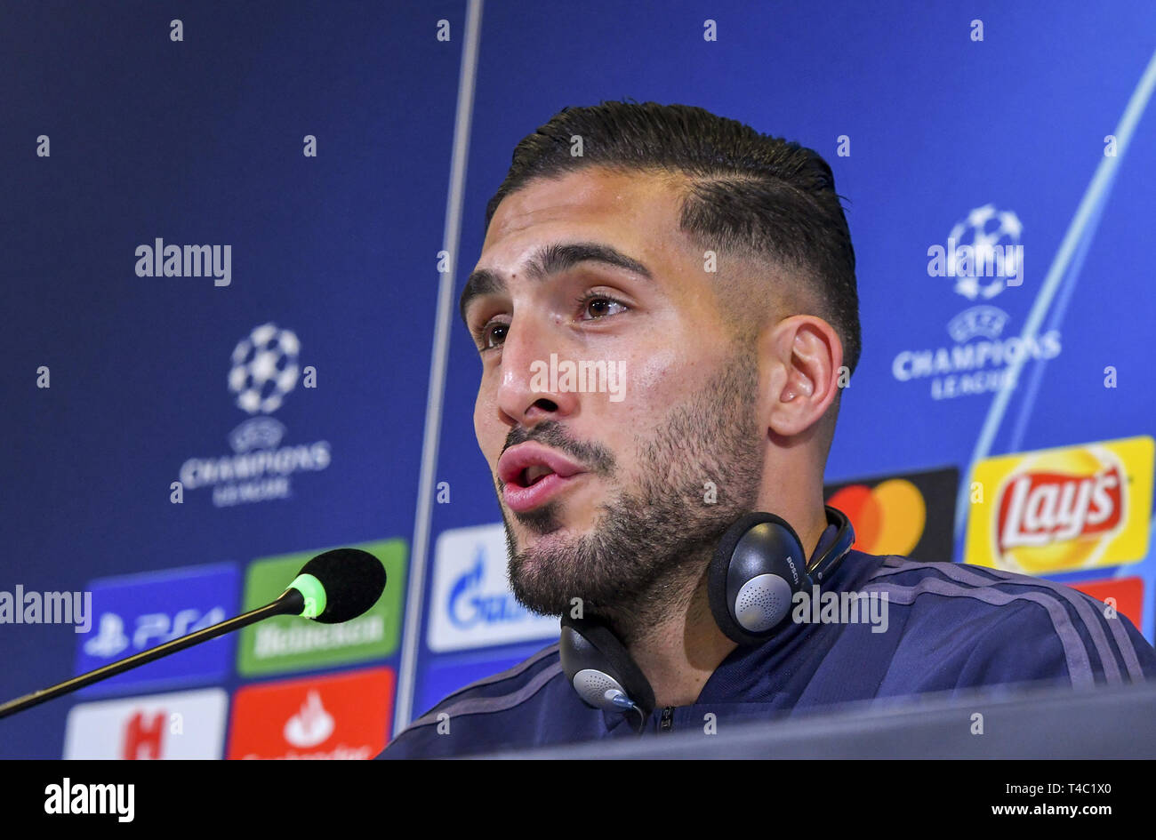 Turin, Italy. 15th Apr, 2019. Football: Champions League, Before the quarter-finals, Juventus Turin - Ajax Amsterdam, Press conference. Emre Can of Juventus speaks at the press conference. Credit: Antonio Polia/dpa/Alamy Live News Stock Photo