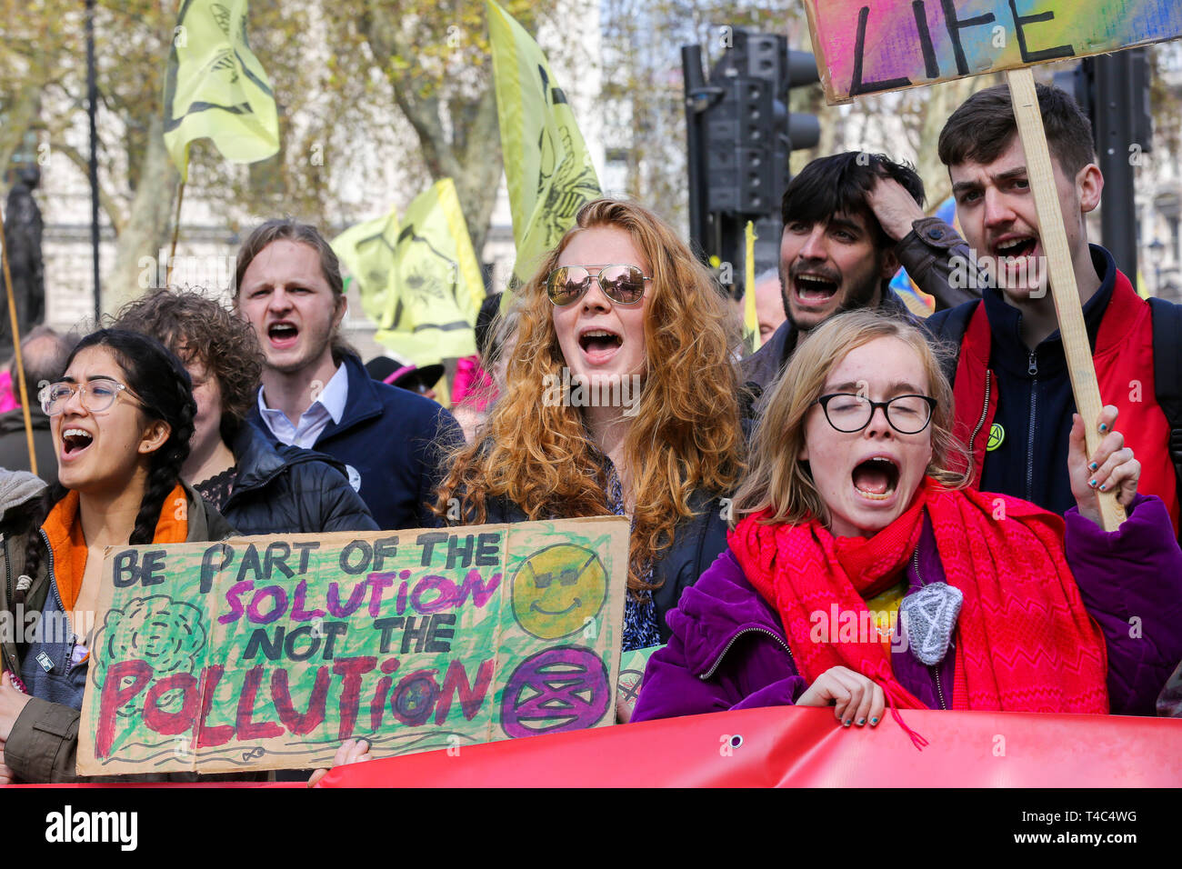 Environmental activists are seen shouting slogans during the demonstration. Activist protest at the Parliament Square demanding for urgent Government action on climate change, the protest was organised by Extinction Rebellion. Stock Photo