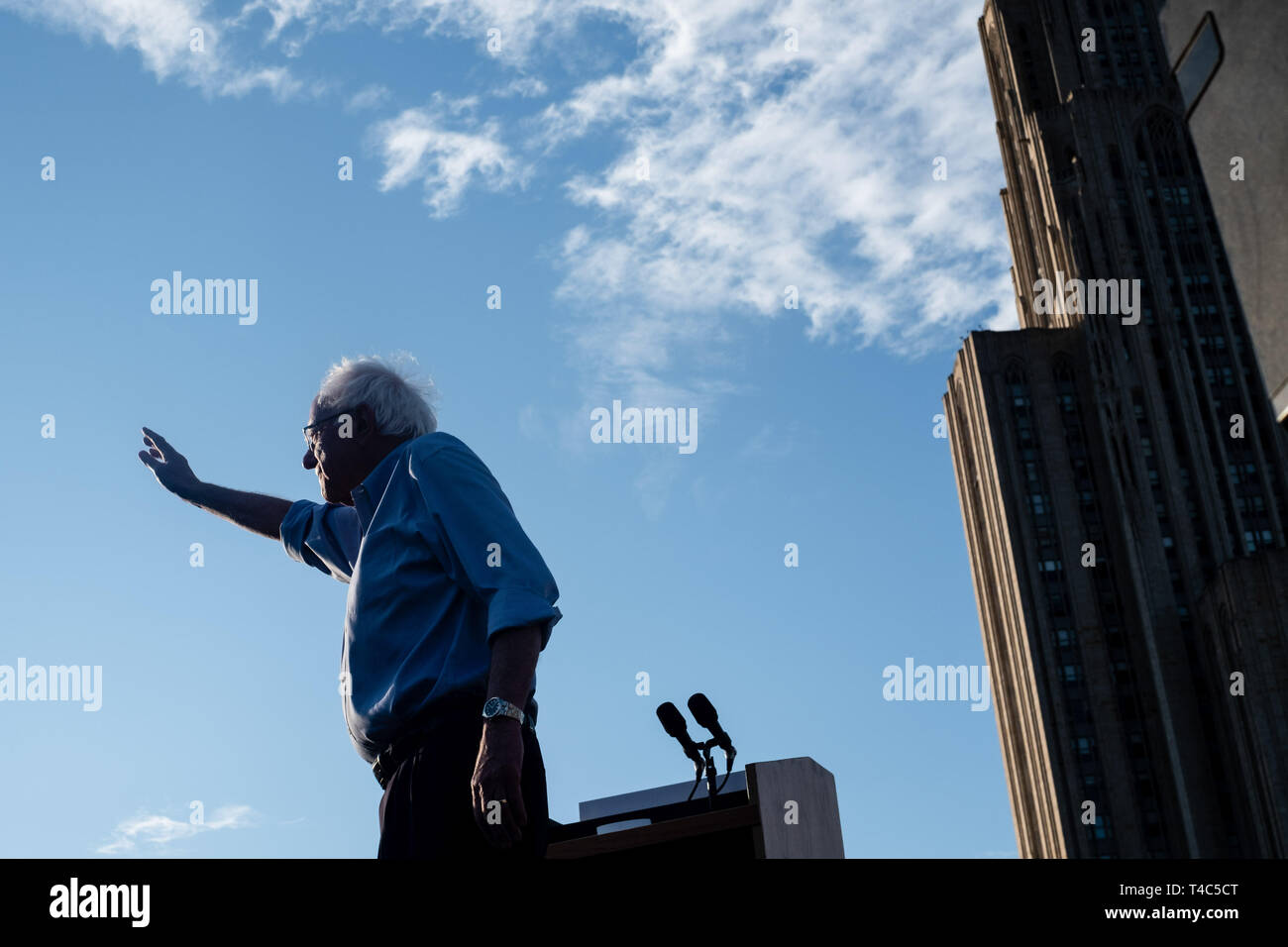 Bernie Sanders greets the crowd during his rally campaign ahead of United States Presidential election. Democratic Presidential candidate Bernie Sanders rally in Pittsburgh, PA on the campaign trail for the bid in the 2020 election. Stock Photo