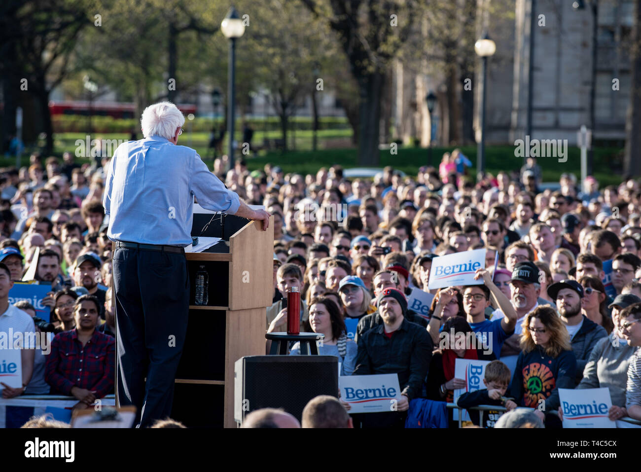 Bernie Sanders speaks to the crowd during his rally campaign ahead of United States Presidential election. Democratic Presidential candidate Bernie Sanders rally in Pittsburgh, PA on the campaign trail for the bid in the 2020 election. Stock Photo