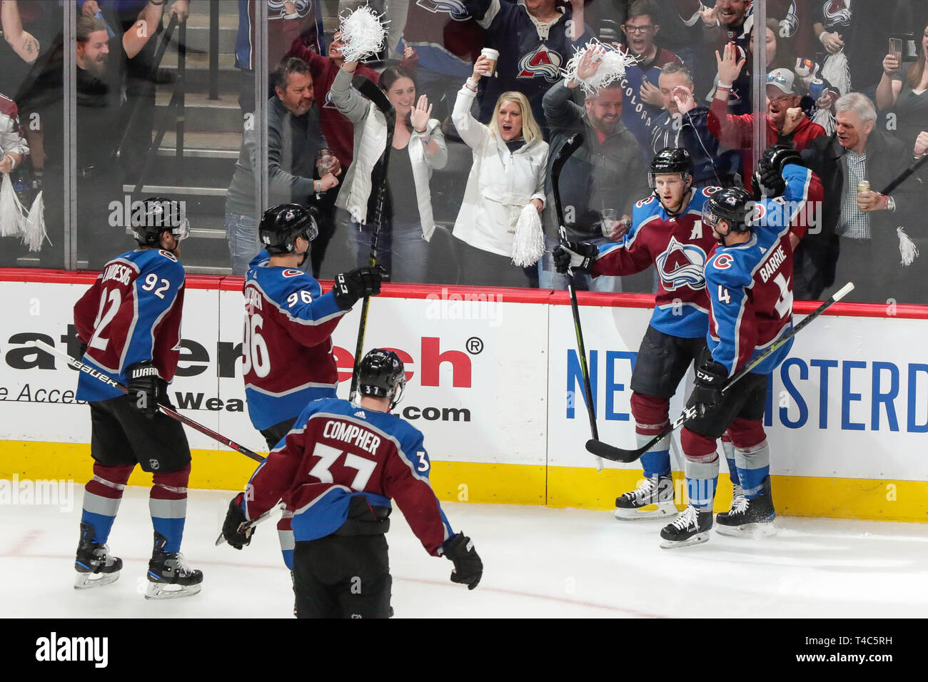 Denver, Colorado, USA. 15th Apr, 2019. Avalanche fans and players