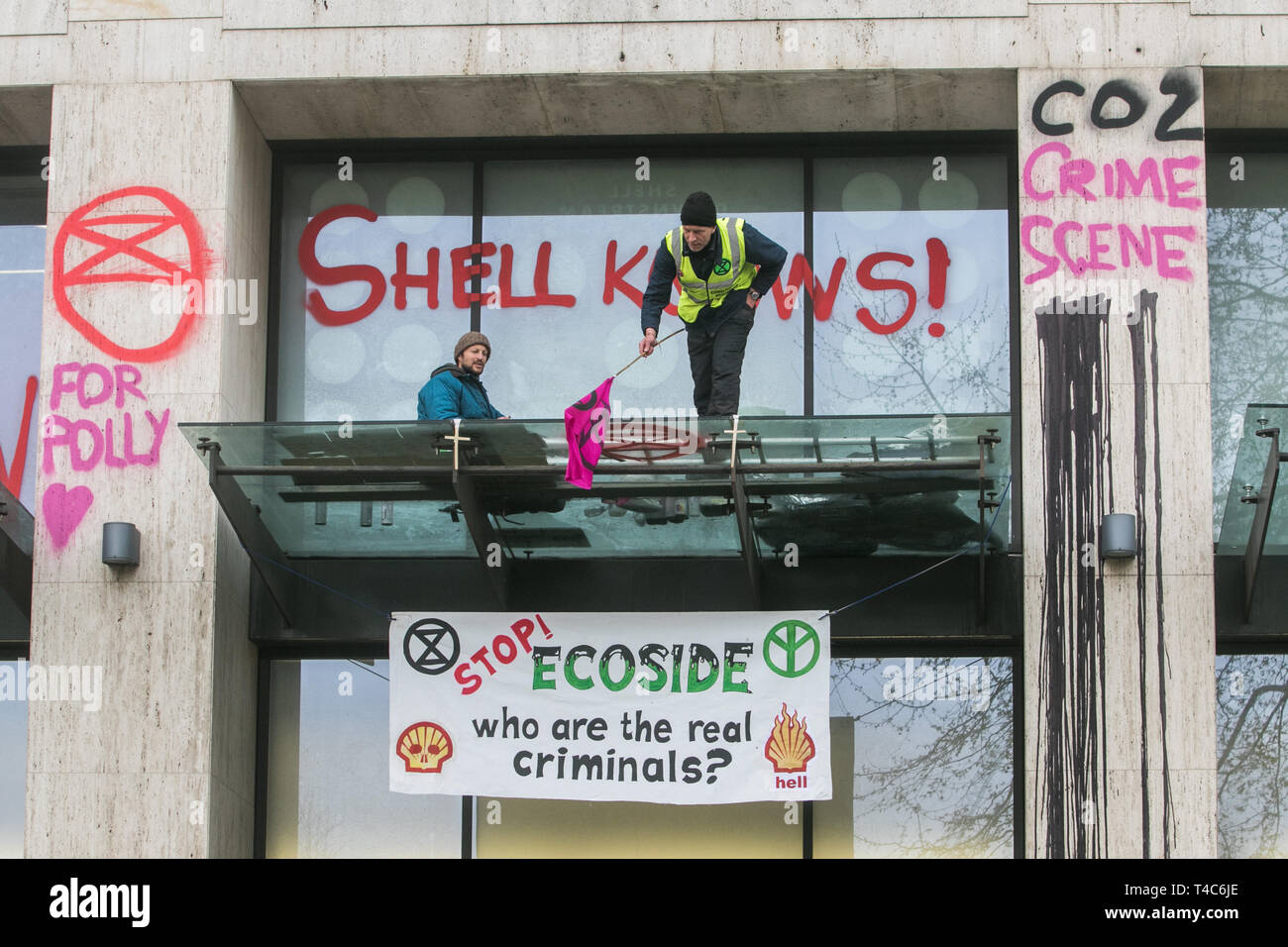 London, UK. 16th Apr, 2019. Climate activists from Extinction Rebellion continue to protest at the Shell Centre in a standoff with Police. The Shell centre was daubed with graffiti by climate activists and Eco warriors a day earlier as they brought major parts of London to a standstill in an effort to highlight awareness on global warming and CO2 emssions Credit: amer ghazzal/Alamy Live News Stock Photo