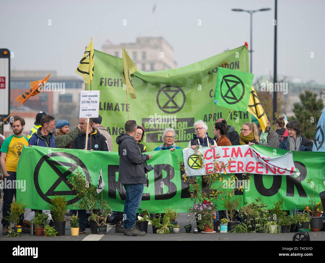 London, UK. 16th April, 2019. Extinction Rebellion Climate Change protesters continue a blockade of Waterloo Bridge to vehicle traffic during London’s morning rush-hour. Credit: Malcolm Park/Alamy Live News. Stock Photo