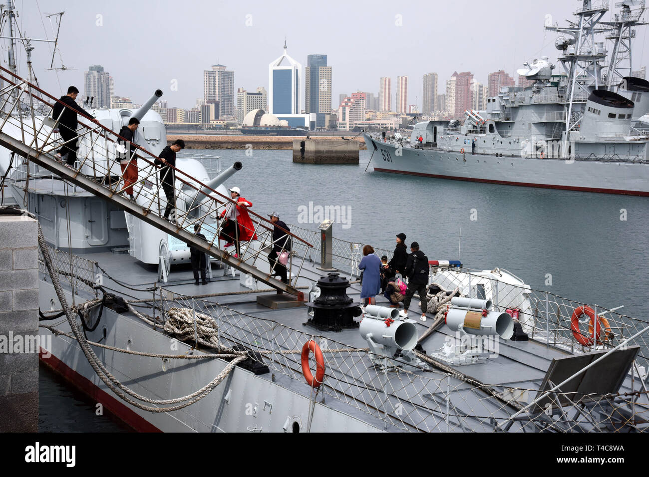 Qingdao, China's Shandong Province. 16th Apr, 2019. People visit a ship in the Chinese Navy Museum in Qingdao, east China's Shandong Province, April 16, 2019. Credit: Li Ziheng/Xinhua/Alamy Live News Stock Photo