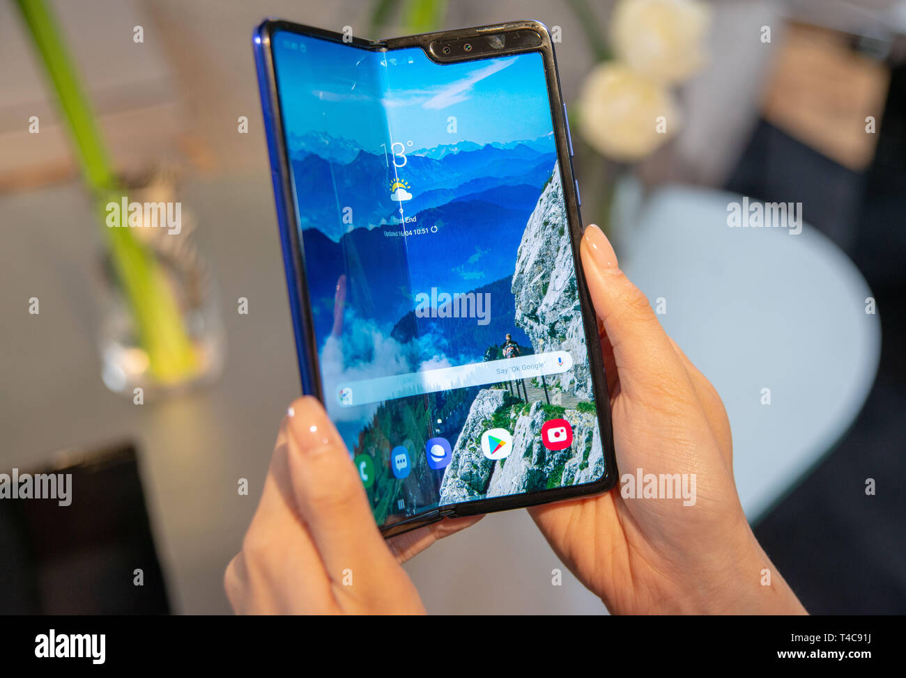 London, UK. 16th Apr, 2019. A production model of the Samsung Galaxy Fold  Tablet smartphone can be seen at a presentation. The Android device for  around 2000 euros is to be launched