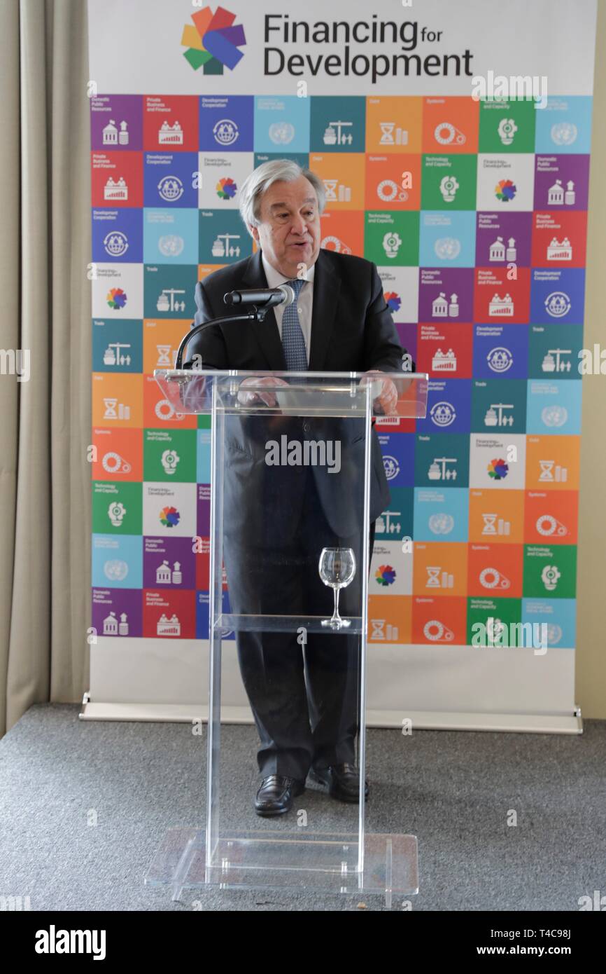 United Nations, New York, USA, April 15, 2019 - Remarks by the UN Secretary General Antonio Guterres announcing the opening of the SDG Investment Fair hosted by DESA and UNCTAD today at the UN Headquarters in New York. Photo: Luiz Rampelotto/EuropaNewswire | usage worldwide Stock Photo