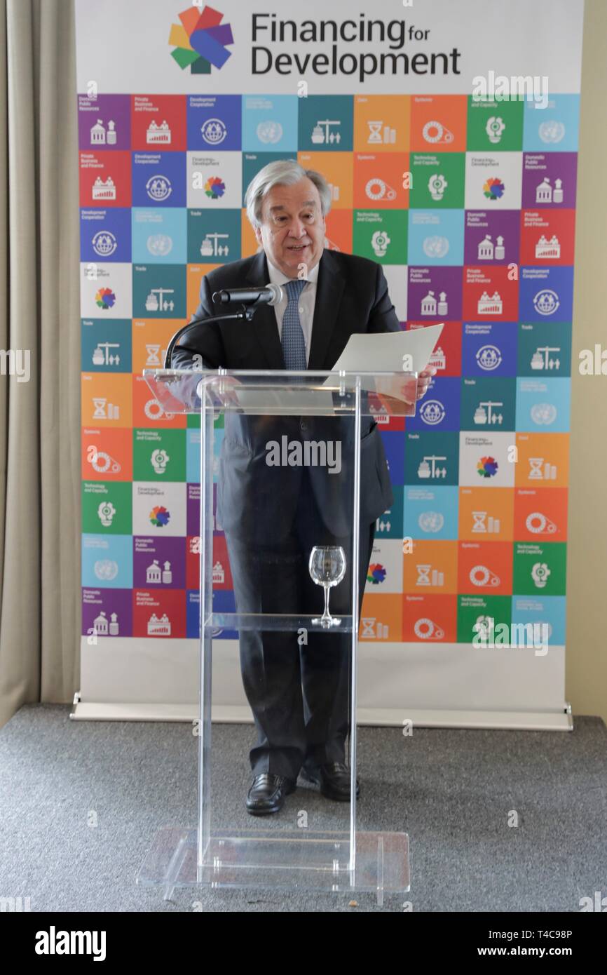 United Nations, New York, USA, April 15, 2019 - Remarks by the UN Secretary General Antonio Guterres announcing the opening of the SDG Investment Fair hosted by DESA and UNCTAD today at the UN Headquarters in New York. Photo: Luiz Rampelotto/EuropaNewswire | usage worldwide Stock Photo