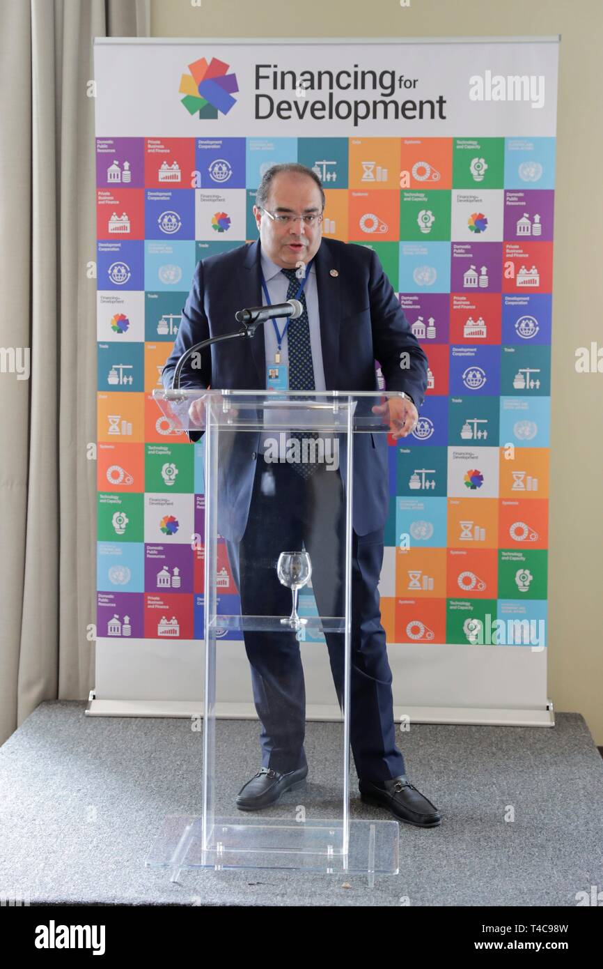 United Nations, New York, USA, April 15, 2019 - Remarks from Mahmoud Mohieldin, World Bank Group's Senior Vice President for the 2030 Development Agenda, UN Relations, and Partnerships announcing the opening of the SDG Investment Fair hosted by DESA and UNCTAD today at the UN Headquarters in New York. Photo: Luiz Rampelotto/EuropaNewswire | usage worldwide Stock Photo