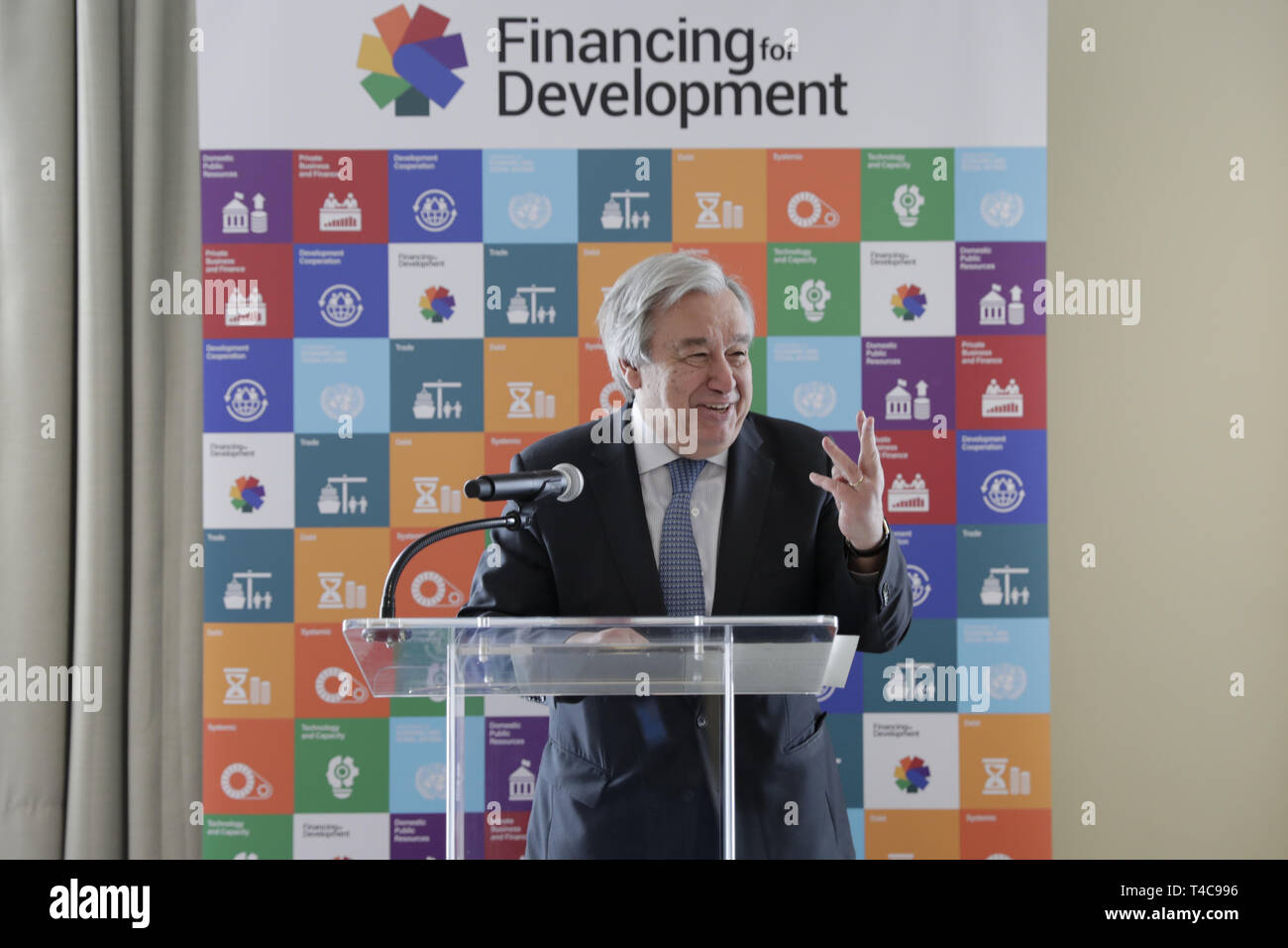 New York, NY, USA. 15th Apr, 2019. United Nations, New York, USA, April 15, 2019 - Remarks by the UN Secretary General Antonio Guterres announcing the opening of the SDG Investment Fair hosted by DESA and UNCTAD today at the UN Headquarters in New York.Photo: Luiz Rampelotto/EuropaNewswire Credit: Luiz Rampelotto/ZUMA Wire/Alamy Live News Stock Photo