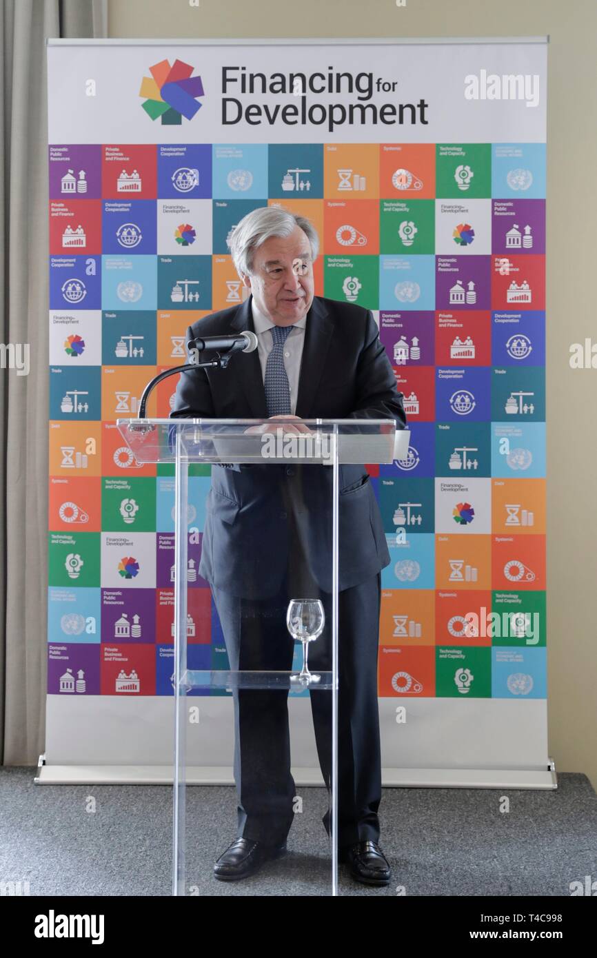 United Nations, New York, USA, April 15, 2019 - Remarks by the UN Secretary General Antonio Guterres announcing the opening of the SDG Investment Fair hosted by DESA and UNCTAD today at the UN Headquarters in New York. Photo: Luiz Rampelotto/EuropaNewswire | usage worldwide Stock Photo