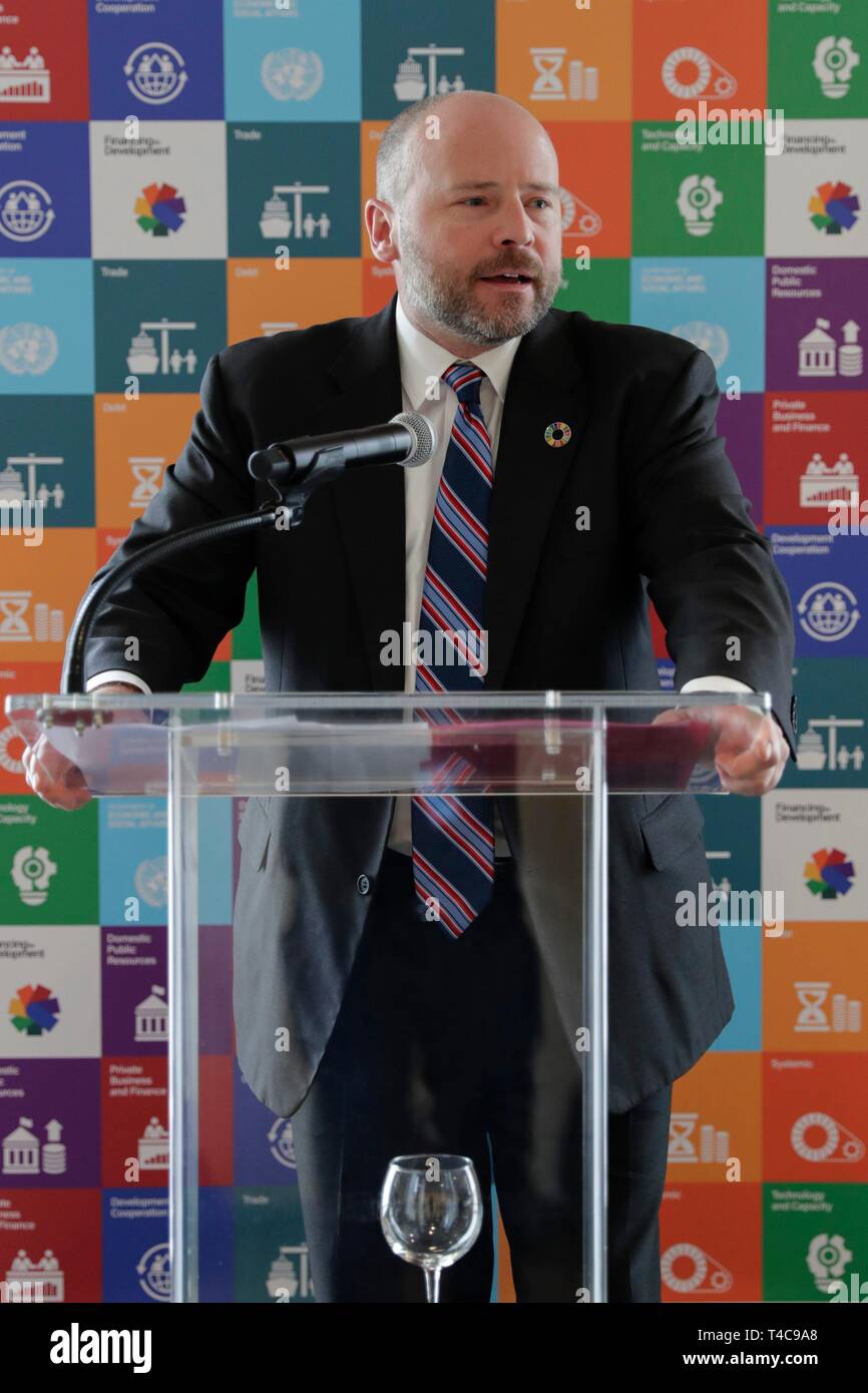United Nations, New York, USA, April 15, 2019 - Remarks from Scott Mather, CIO, Pimco announcing the opening of the SDG Investment Fair hosted by DESA and UNCTAD today at the UN Headquarters in New York. Photo: Luiz Rampelotto/EuropaNewswire | usage worldwide Stock Photo