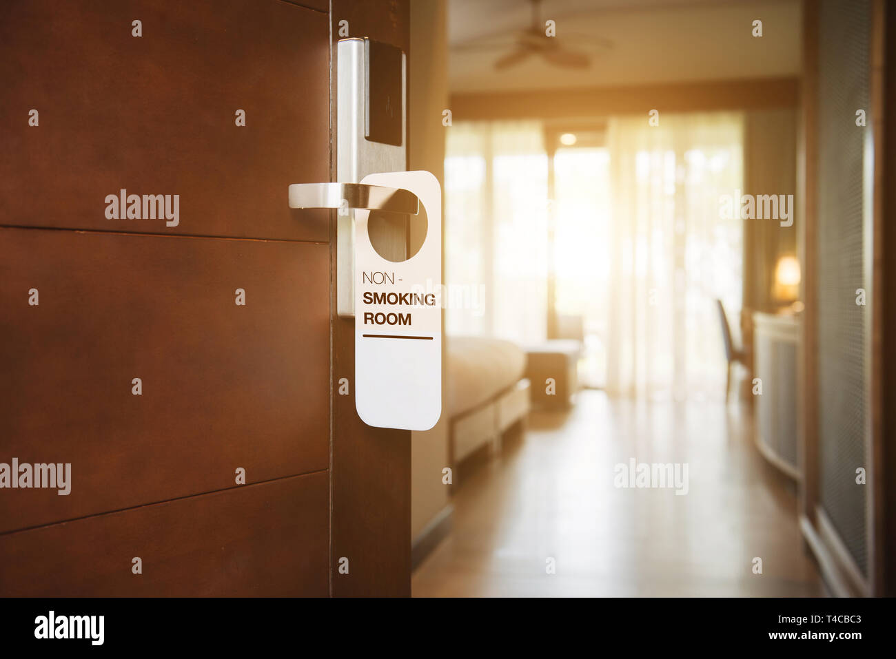 No smoking sign on a hotel room electronic door lock Stock Photo
