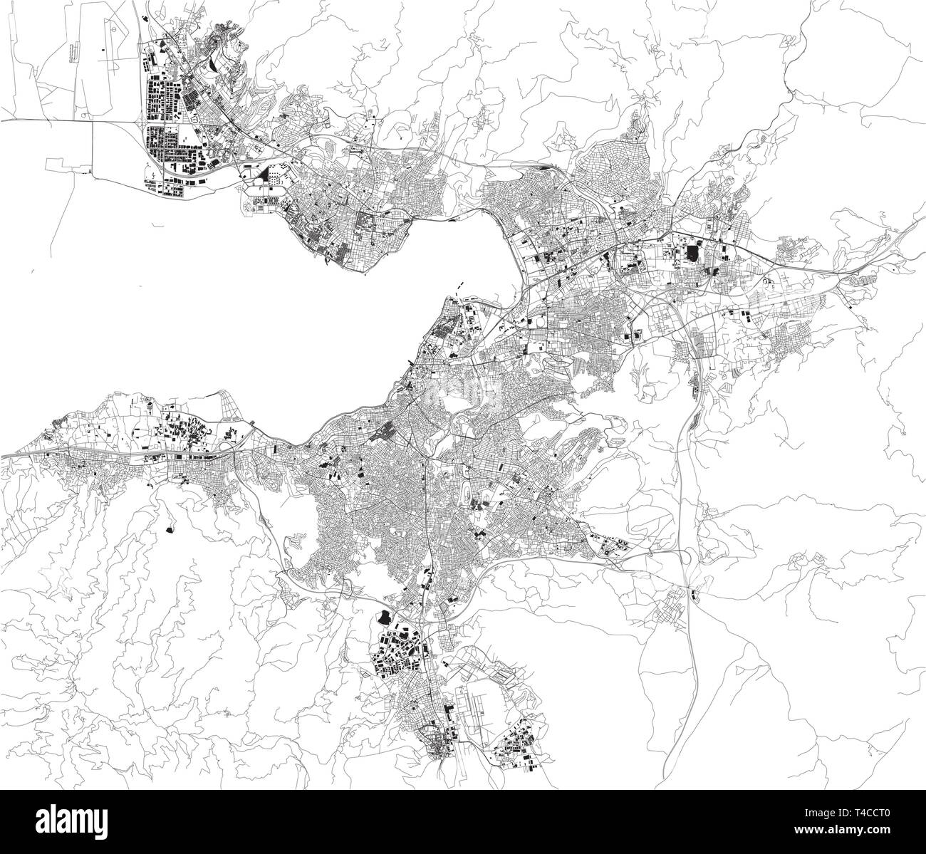 Satellite map of Izmir. It is a metropolitan city the third most populous city in Turkey. Map of streets and buildings of the town center. Asia Stock Vector