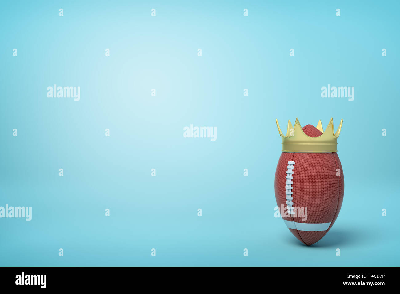 3d rendering of brown ball for American football standing upright and wearing golden crown on light blue background. Stock Photo