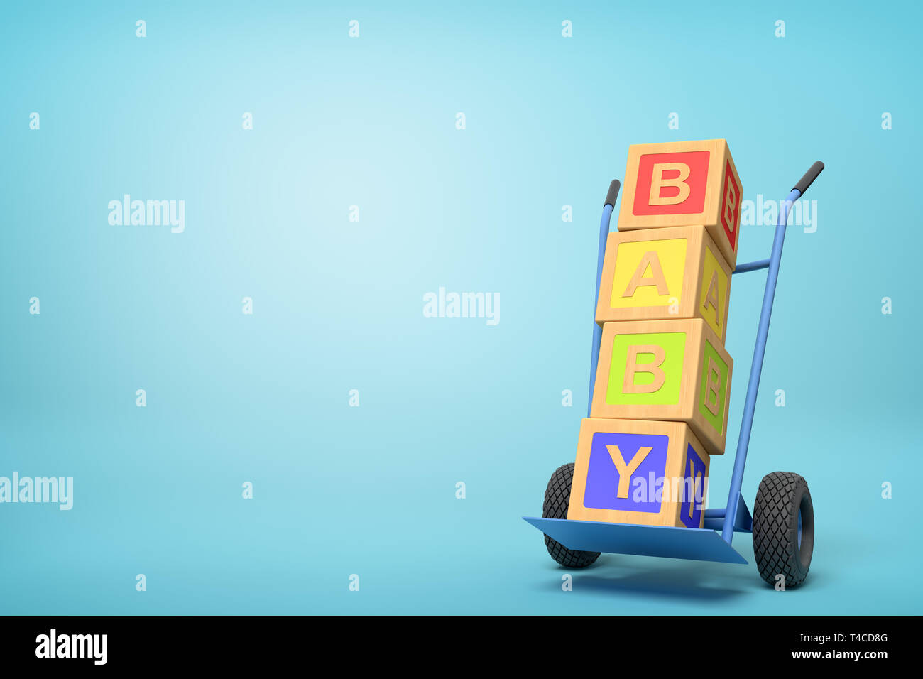 3d rendering of colorful alphabet toy blocks showing 'BABY' sign on a hand truck on blue background Stock Photo