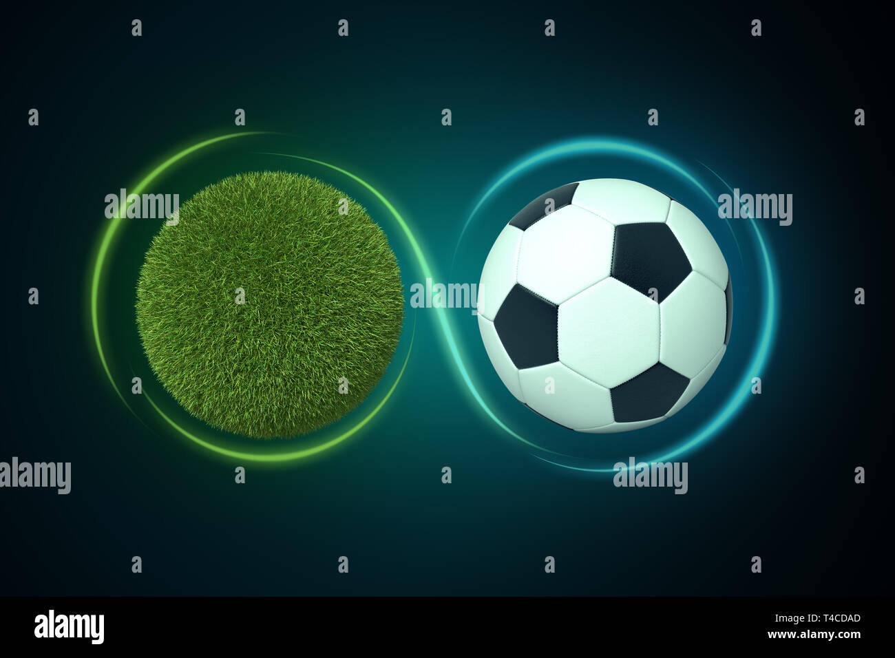3d rendering of a sphere covered in green lawn grass next to a football with a line traced