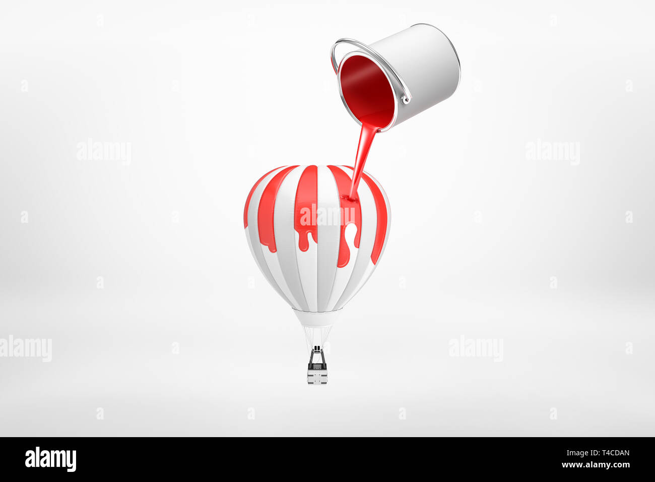 3d rendering of small silver paint bucket turned upside down with red paint pouring on hot air balloon isolated on white background Stock Photo