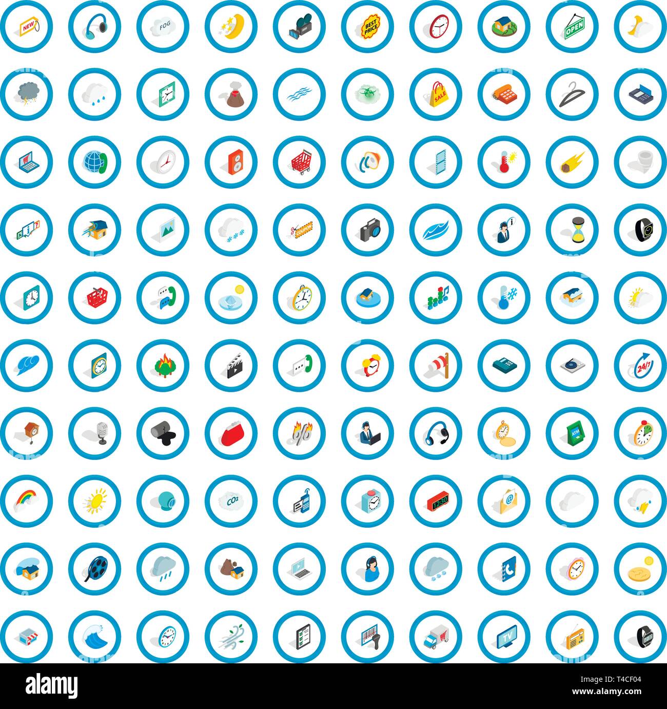100 time icons set, isometric 3d style Stock Vector