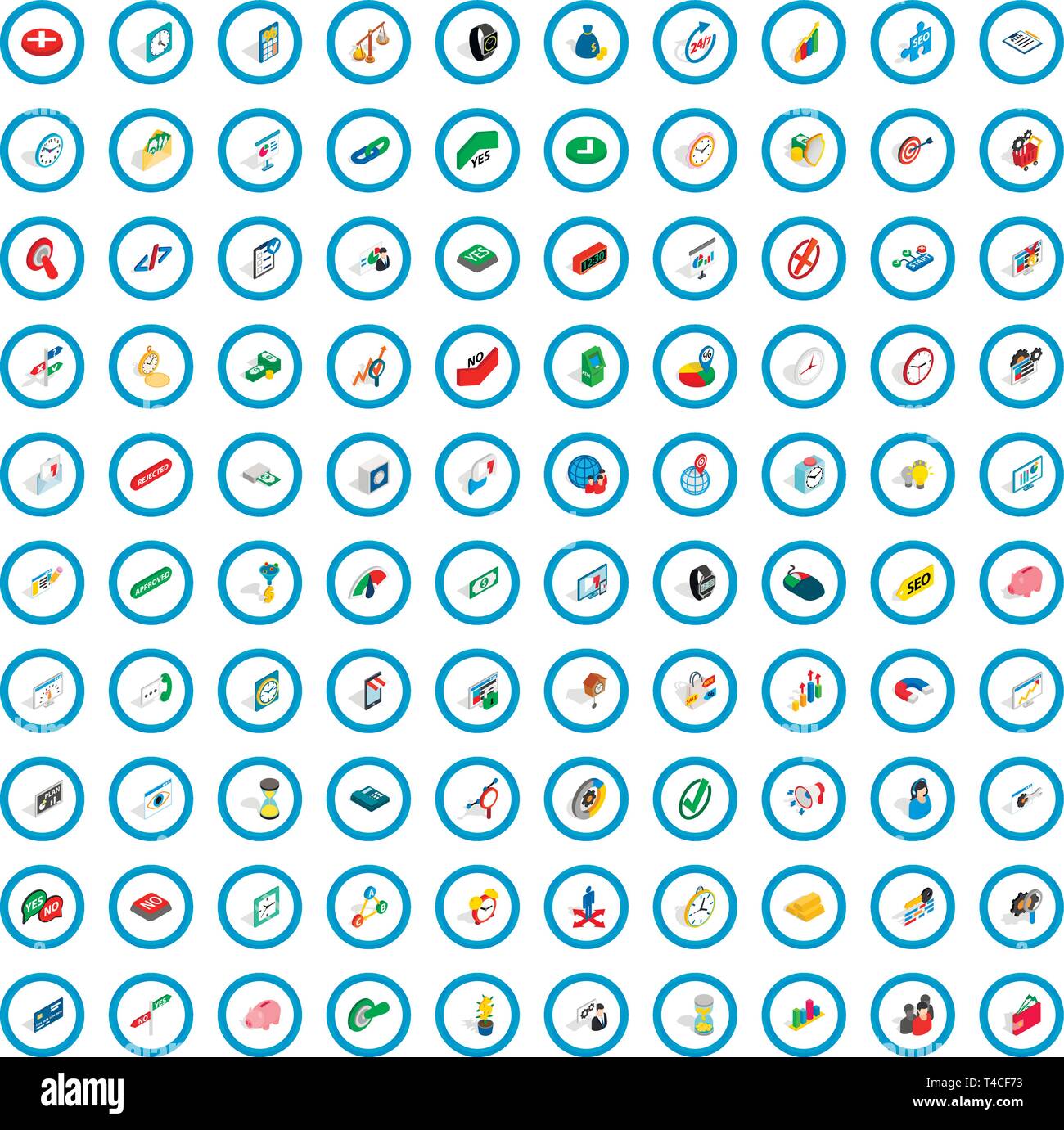100 time management icons set, isometric 3d style Stock Vector